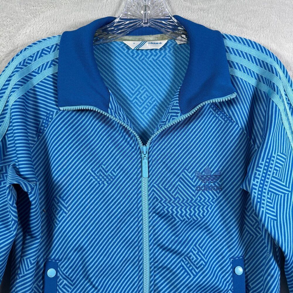 Adidas Track Jacket Medium Blue Geometric Print Y2K Hip Hop Rap Bling Fly